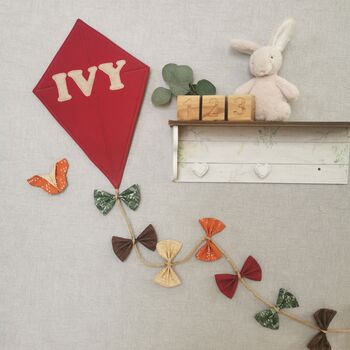Kite Wall Hanging, Woodland Theme Bedroom, Whimsical Autumnal Nursery Decor, Red Brown Orange Green Yellow Door Name Sign, Child's Playroom, 2 of 12