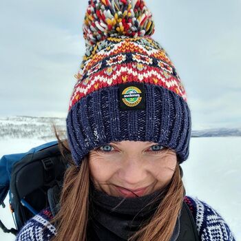 Midnight Blue Fairisle Reflective Super Bobble Hat, 5 of 5