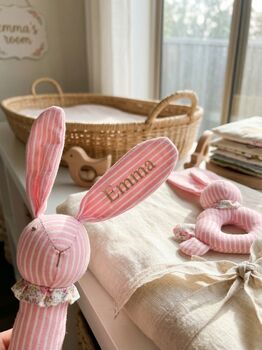 Personalised Baby Bunny Rattle Gift Set Pink Or Blue, 3 of 4