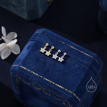 Sterling Silver Dainty Cz Flower Drop Stud Earrings, 6 of 12