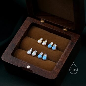 Sterling Silver Tiny Blue Opal And Cz Stud Earrings, 4 of 12