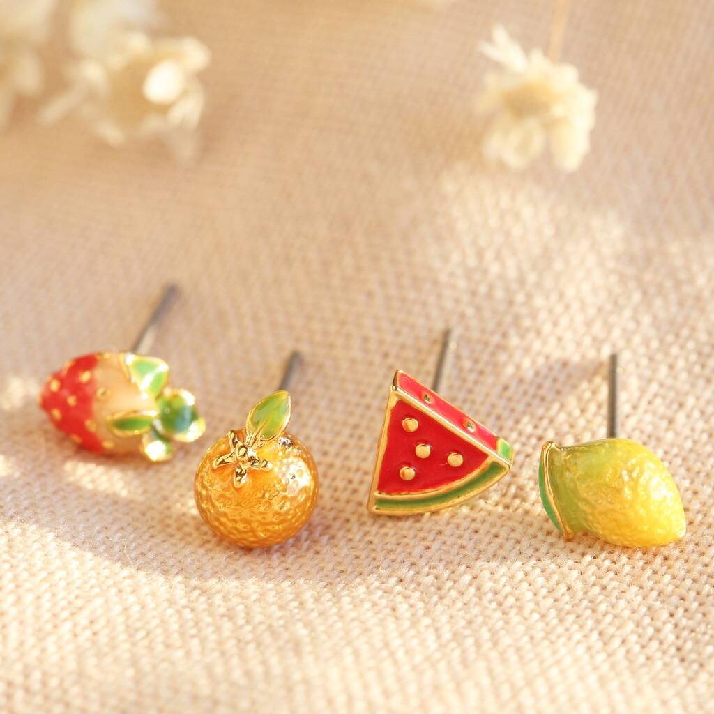 Set Of Four Fruit Stud Earrings In Gold Plating By Lisa Angel