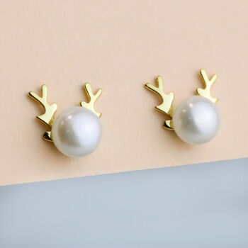 Sterling Silver Pearl Reindeer Stud Earrings, 2 of 6