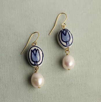 Delft Tulip Earrings With Freshwater Pearl, 2 of 7