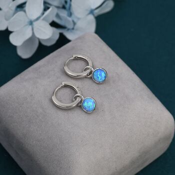 Sterling Silver Dangling Blue Opal Hoop Earrings, 2 of 11
