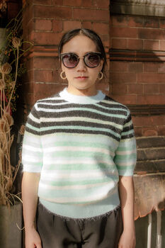 Mint Green Short Sleeve Fuzzy Stripe Knit, 2 of 6