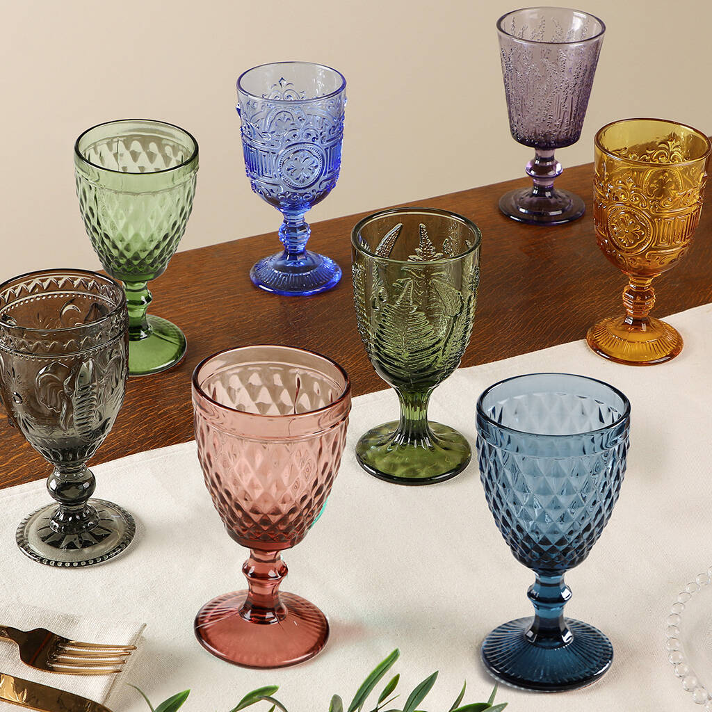 Set Of Four Vintage Embossed Coloured Wine Glasses By Dibor 4060