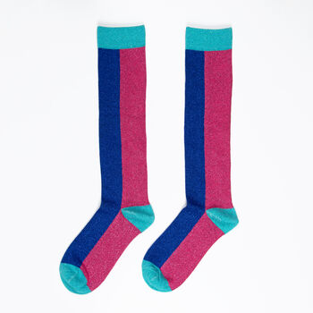 Women's Knee High Glitter Socks Blue Pink Colour Block, 2 of 2