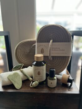 Wellness Basket, Aromatherapy Oils. Facial Roller, A Gua Sha Massager, And Microfiber Face Cloth, 3 of 6