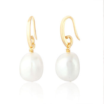 Yellow Gold Plated White Freshwater Pearl Drop Earrings, 4 of 7