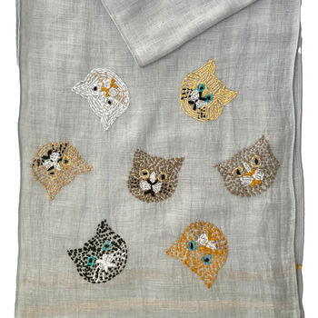 Hand Embroidered 100% Linen Scarf With Cat Face Design, 4 of 6