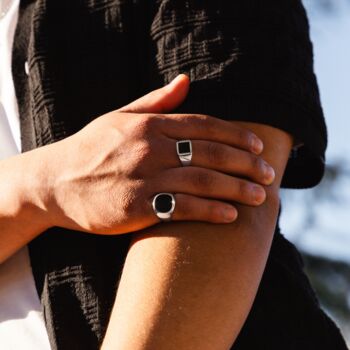 Gold Plated Square Signet Onyx Ring Polished Steel Ring, 12 of 12
