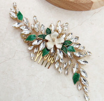 Crystal And Green Leaf Hair Comb, 3 of 5