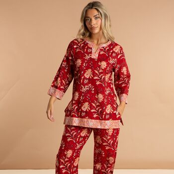 Indian Cotton Red Rubra Print Pyjama Set, 3 of 7