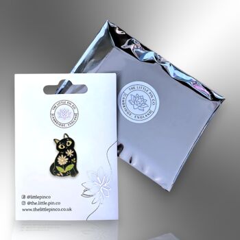 Black Cat Enamel Pin Brooch With Flower Design, 4 of 8