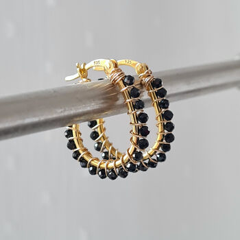 Black Spinel And Gold Wire Wrapped Hoop Earrings, 4 of 6