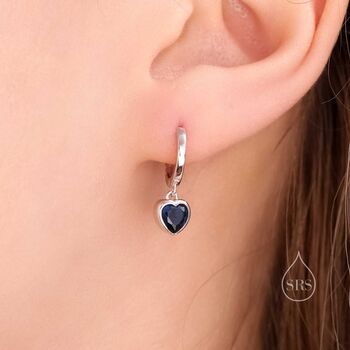 Sterling Silver Sapphire Blue Cz Heart Huggie Hoop, 6 of 11