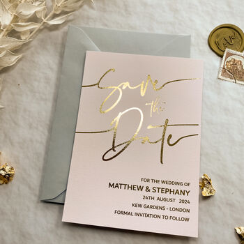 Save The Date Card In Pink And Gold Foil, 7 of 7