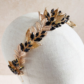 Black Crystal And Gold Leaf Bridal Crown, 5 of 7