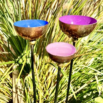 Set Of Three Colour Coated Copper Cup Rain Catchers – Pink, Blue, Lilac, 4 of 5