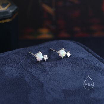 Sterling Silver Tiny Cz And White Opal Stud Earrings, 3 of 11
