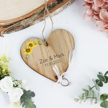 Sunflower Wedding Ring Bearer Wooden Heart, 3 of 10
