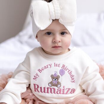 'My Beary First Birthday' Personalised Embroidered First Birthday Sweatshirt In Six Colours, 3 of 8