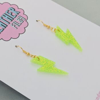 Neon Green Glitter Lightning Bolt Earrings Small And Large, 5 of 10