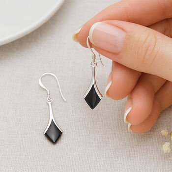 Sterling Silver Onyx Diamond Drop Earrings – 20mm X 9mm, 3 of 7