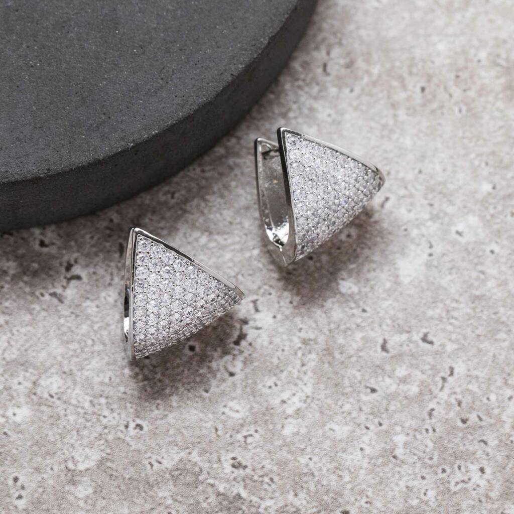 Silver Colour Elegant Triangle Crystal Huggie Earrings By Brand X