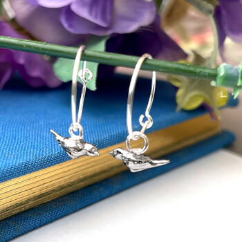 Sterling Silver Small Robin Bird Hoop Charm Earrings, 3 of 12