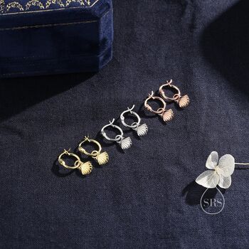 Sterling Silver Sea Shell Huggie Hoops Earrings, 2 of 9