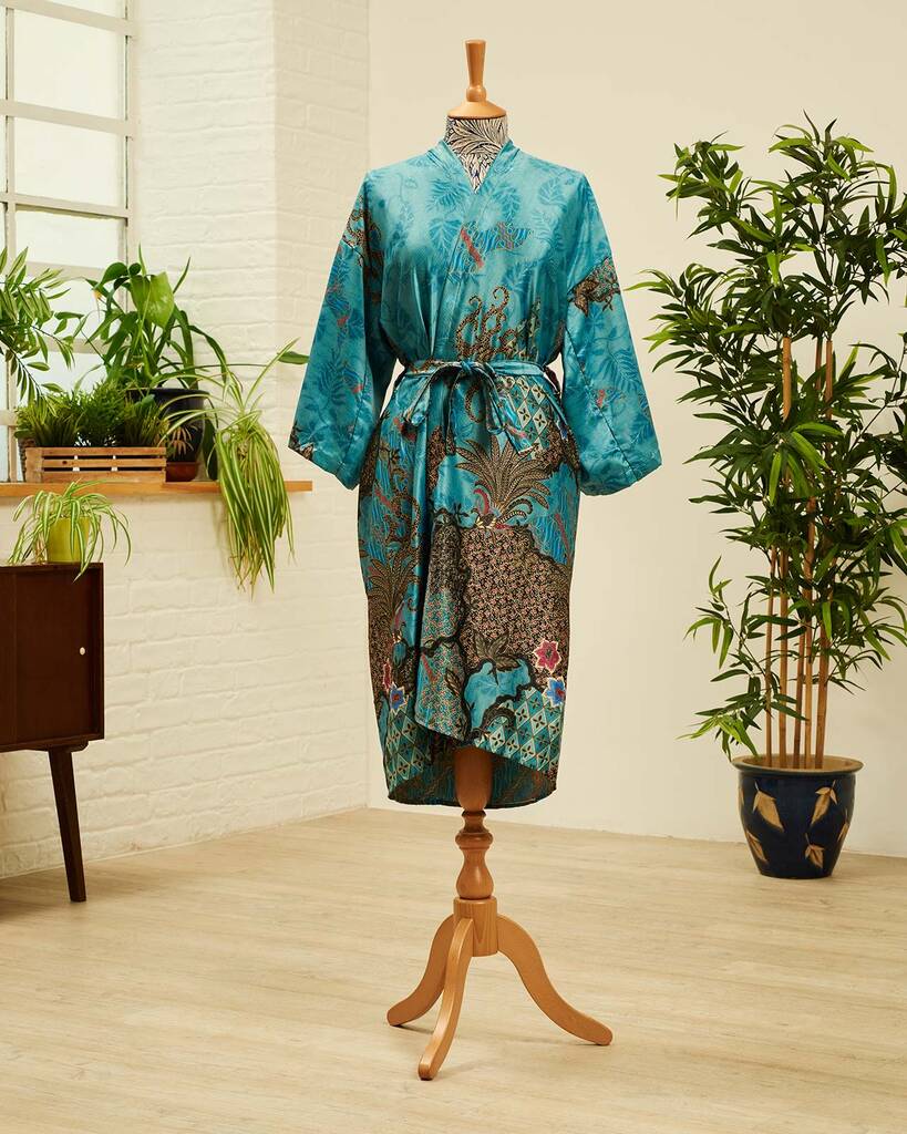 Handmade Blue Japanese Silk Blend Kimono Robe By Maru Loungewear