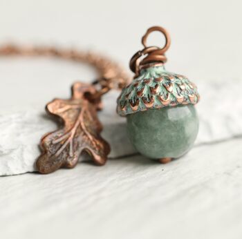 Verdigris Teal Gemstone Acorn Necklace, 5 of 12