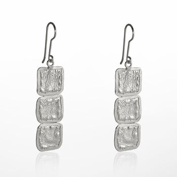 Textured Three Square Sterling Silver Drop Earrings, 2 of 4