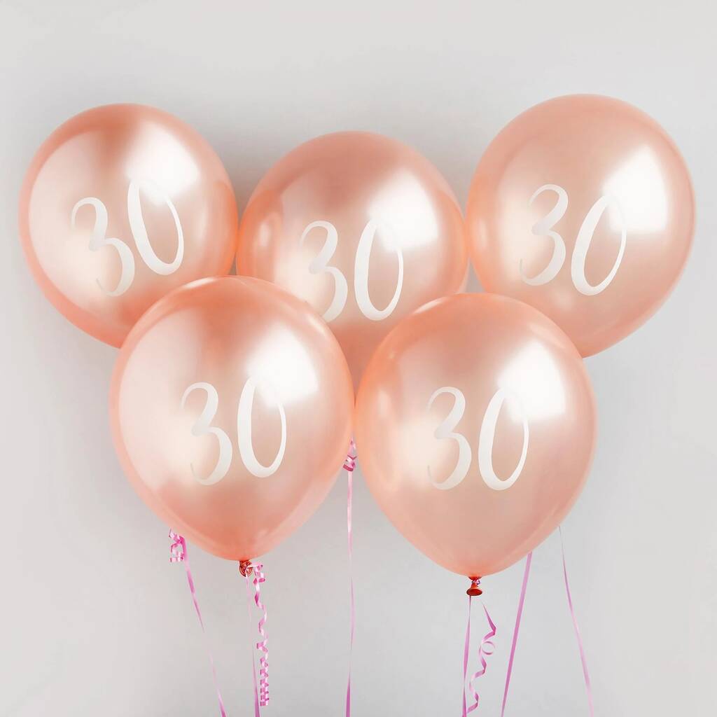 Five Rose Gold 30th Birthday Party 30 Balloons, 1 of 2