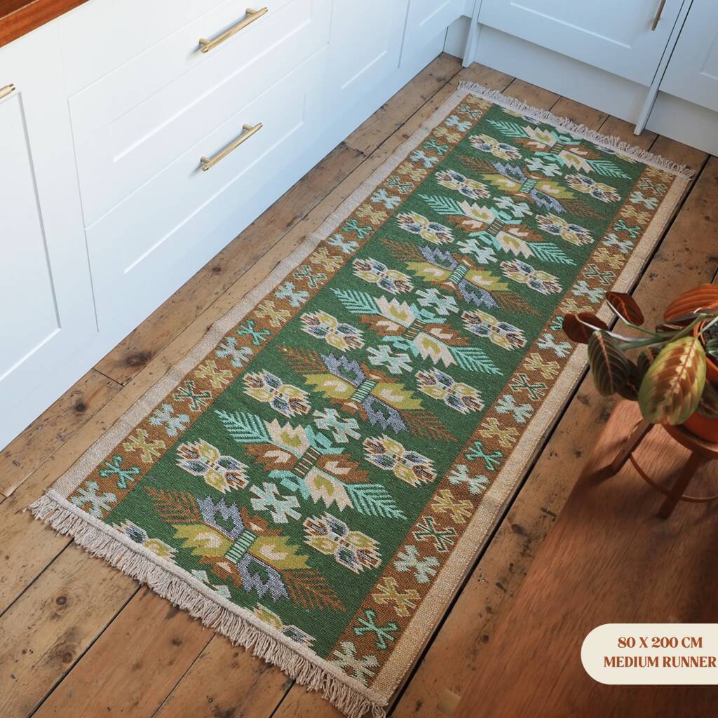 Turkish Kilim Green Leaf Runner Rug By Halcyon Daze Store