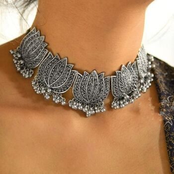 Statement Oxidized Lotus Chain Choker Necklace, 4 of 8