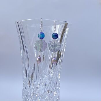 Carved Fluorite Flower And Purple Pearl Earrings, 3 of 3