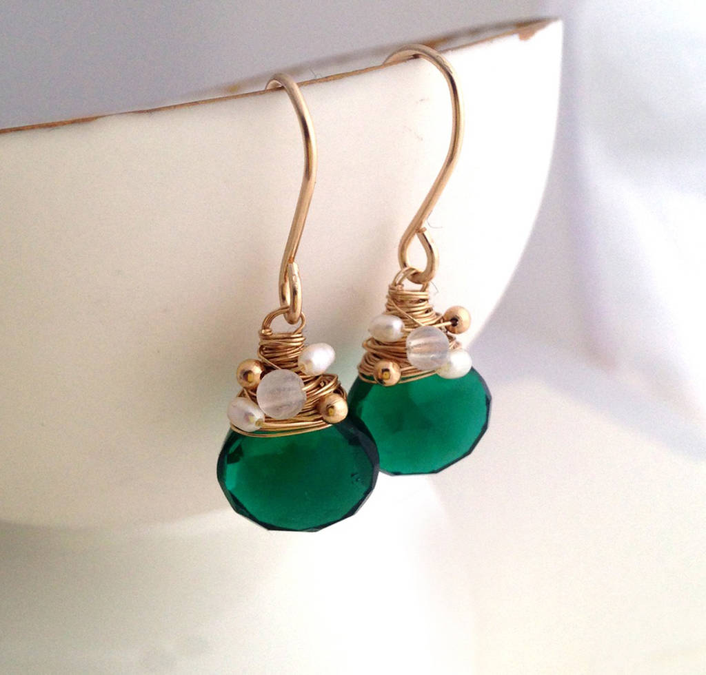 Emerald Quartz Moonstone And Pearl Earrings By Sarah Emerald Quartz Moonstone And Pearl Earrings