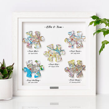 Personalised 3D Jigsaw Map Milestone Locations Framed Wedding Print Gift, 7 of 12