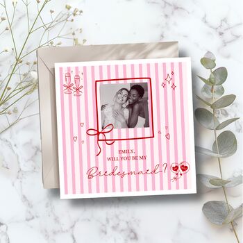 Personalised Maid Of Honor Proposal Photo Card, Maid Of Honor Proposal Card, Pink Stripes Red, 2 of 4