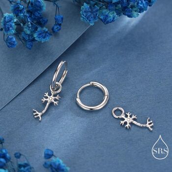 Sterling Silver Tiny Neuron Cell Huggie Hoops Earrings, 7 of 11