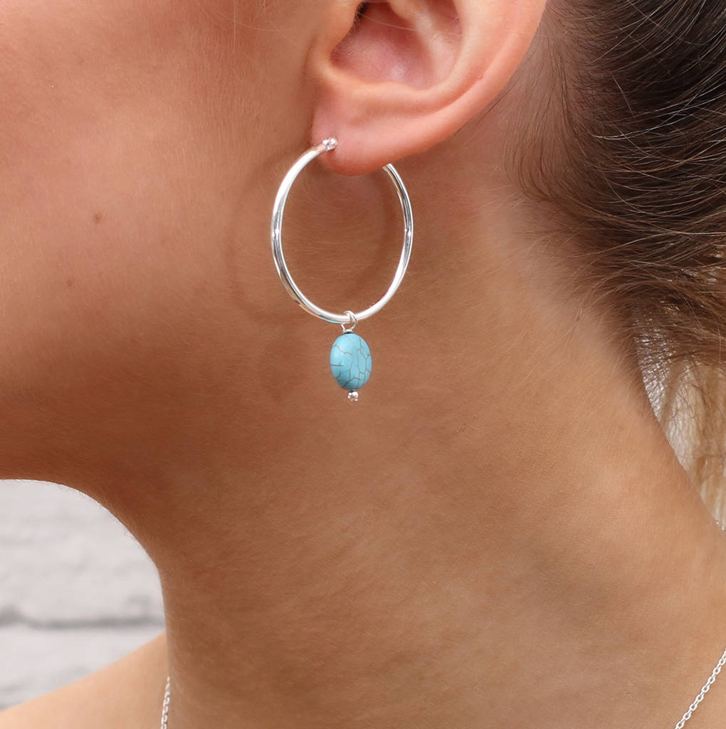 Sterling Silver And Turquoise Stone Hoop Earrings By Hurleyburley