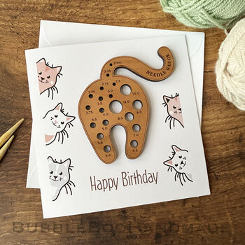 Birthday Card With Wooden Cat Knitting Needle Gauge, 7 of 7