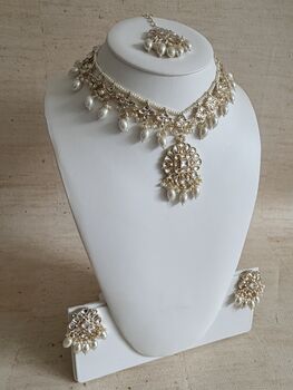 White Gold Kundan Pearl Set Necklace, Earrings And Tikka, 7 of 12