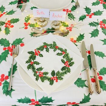 Luxury Christmas Holly Tablecloth ~ Linen Feel Paper, 2 of 8