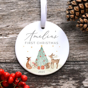 Personalised Baby’s First Christmas Ornament – Woodland Animals Ceramic Keepsake Bauble, 7 of 8