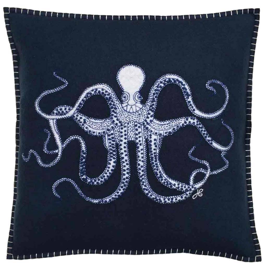 Hand Embroidered Navy Wool Octopus Cushion, 1 of 2