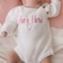 She's Here Embroidered New Baby Long Sleeve Knitted Romper, thumbnail 2 of 12